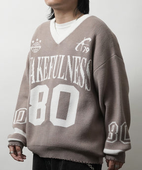 Y2K ロゴ ダメージ加工 Vネック ニット プルオーバー