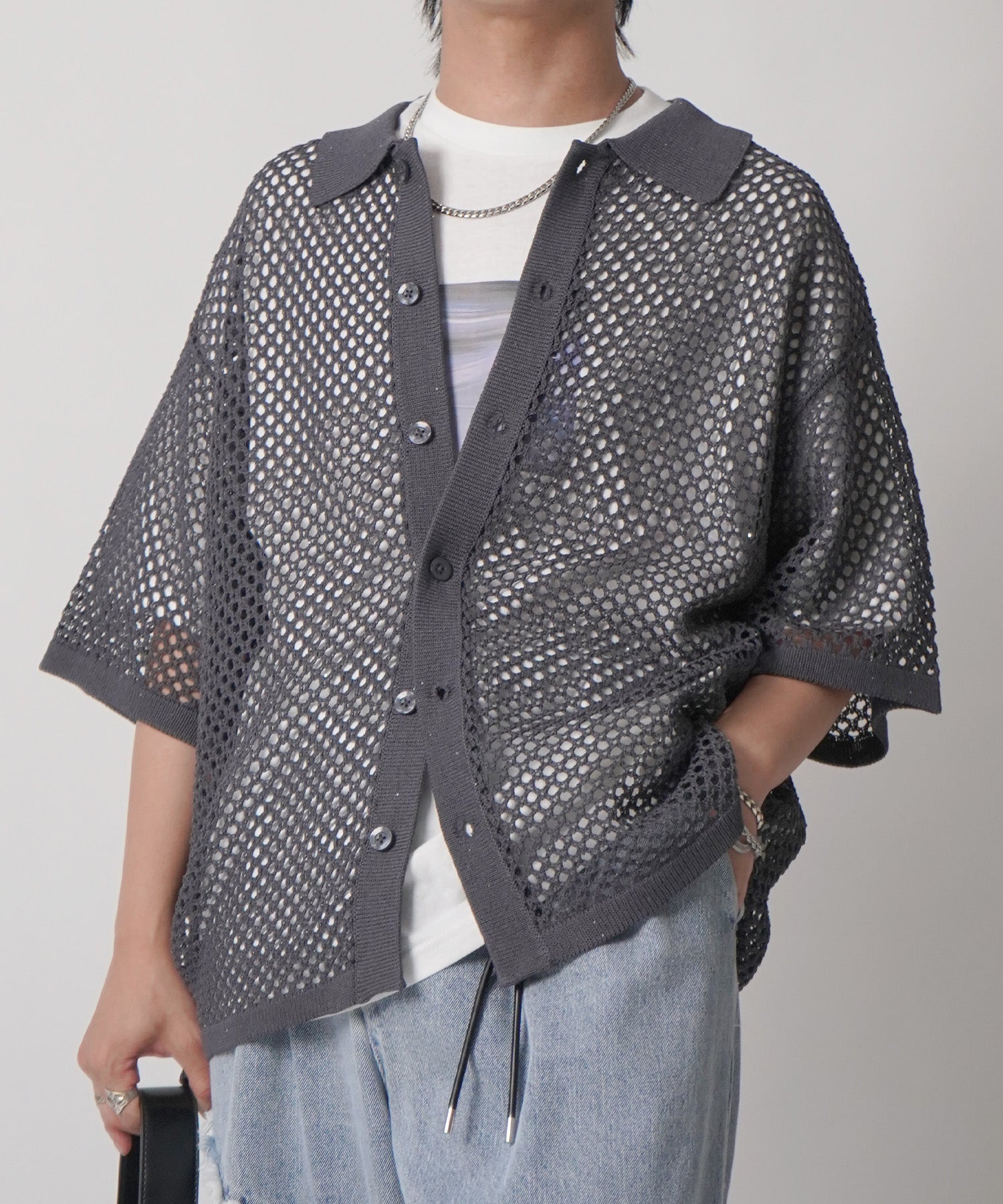 25SS スパンコール メッシュニットシャツ