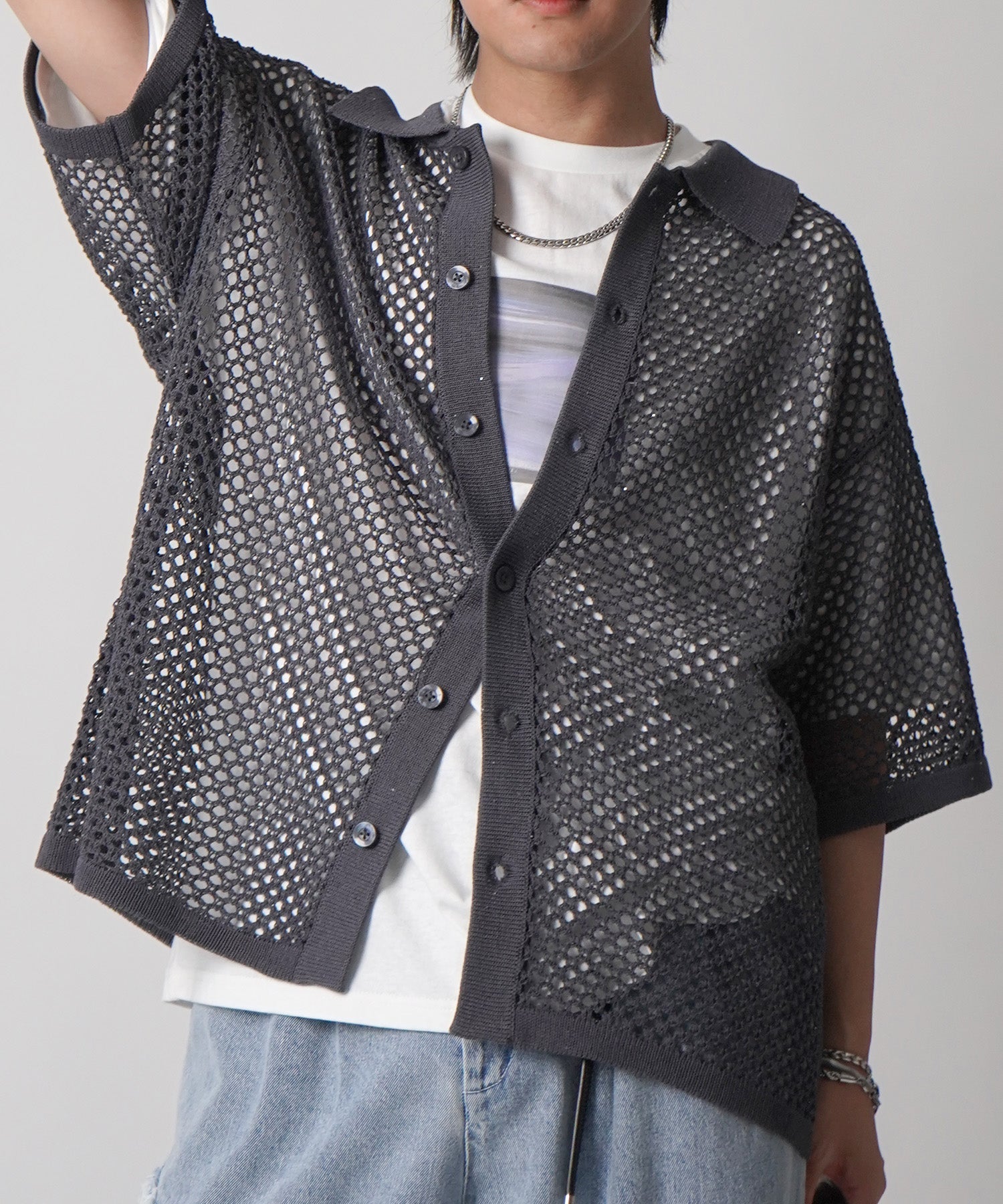 25SS スパンコール メッシュニットシャツ