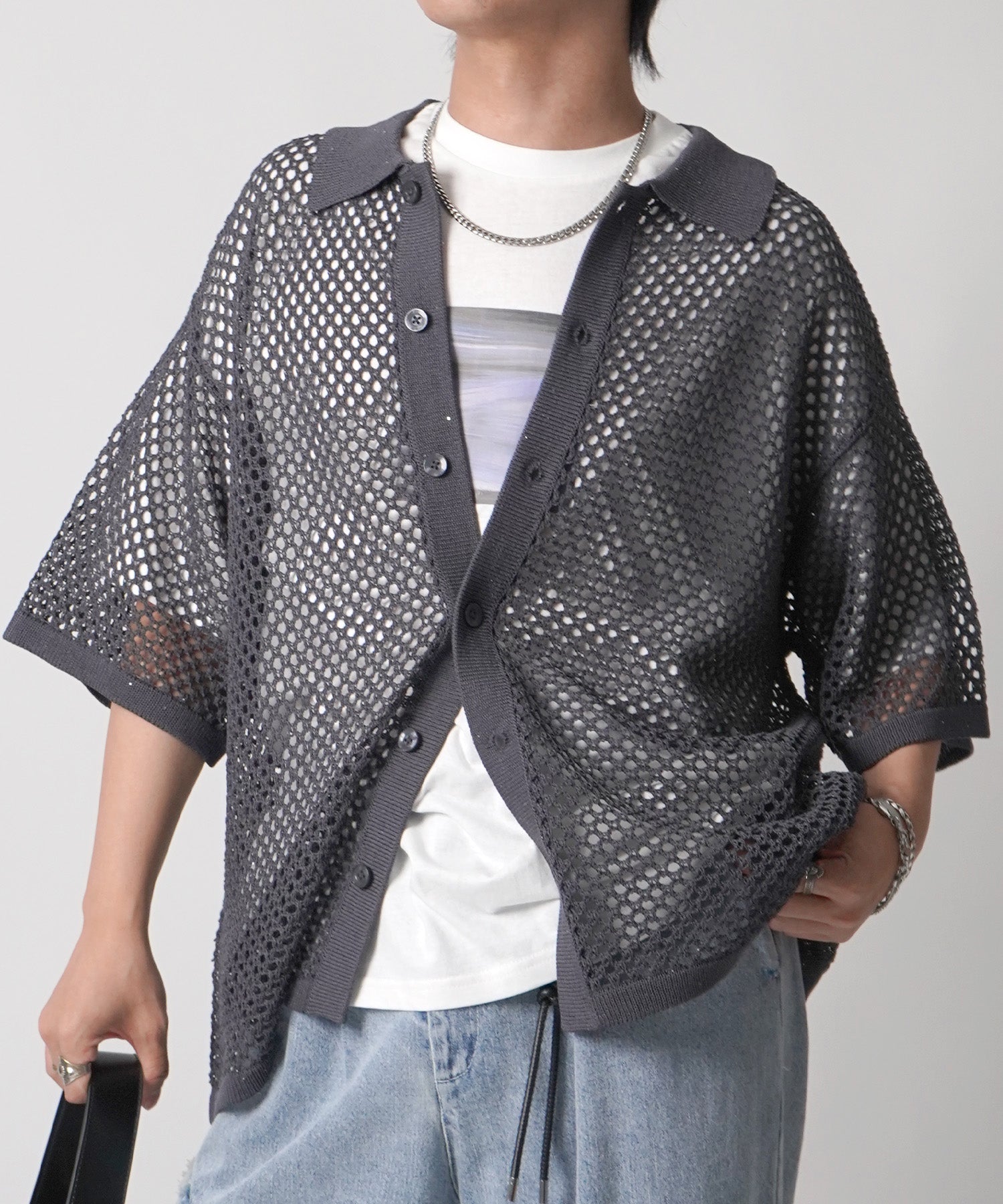 25SS スパンコール メッシュニットシャツ