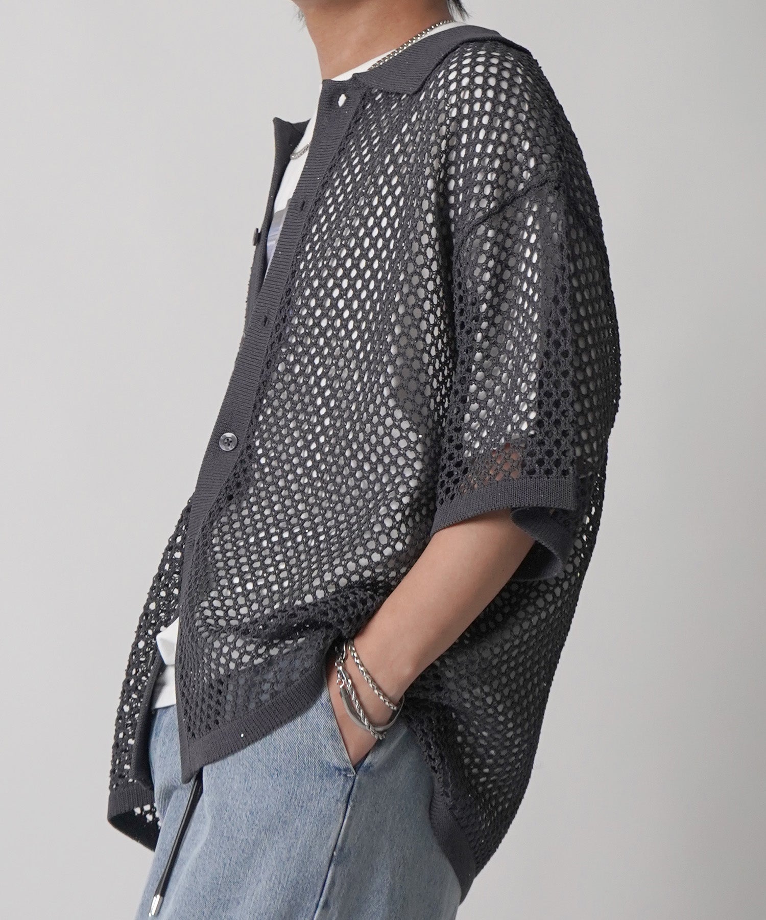 25SS スパンコール メッシュニットシャツ