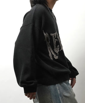 フリンジ ロゴ クルーネック ニット