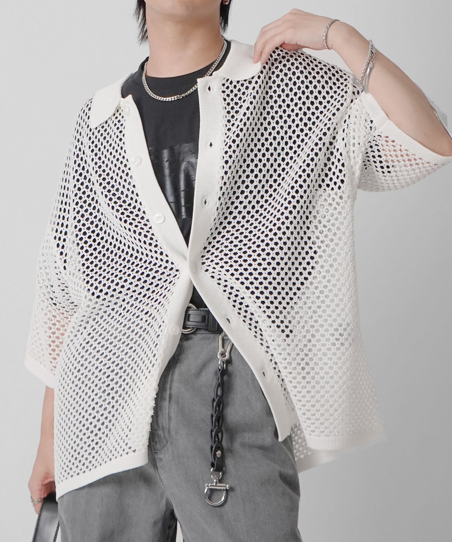 25SS スパンコール メッシュニットシャツ