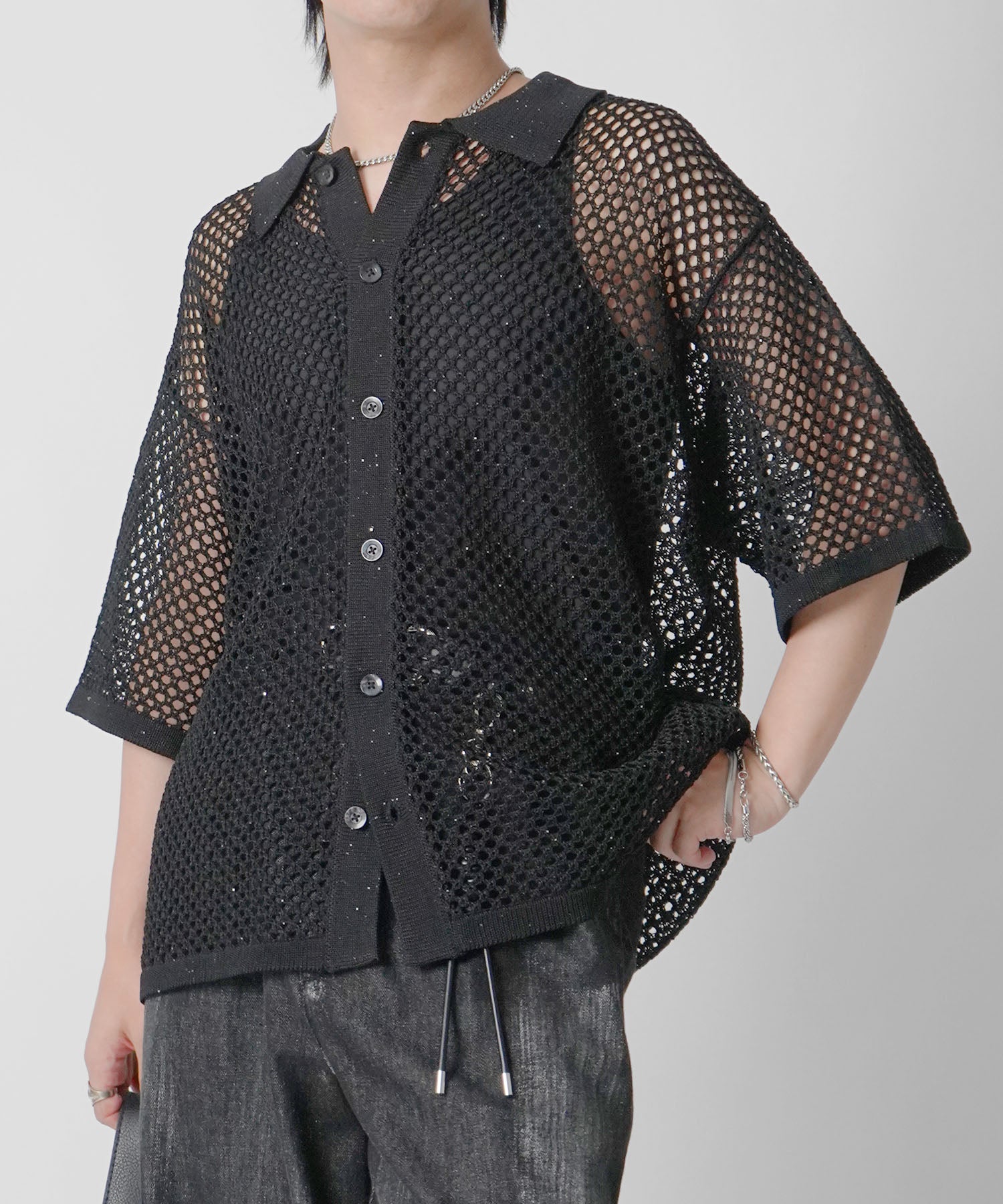 25SS スパンコール メッシュニットシャツ
