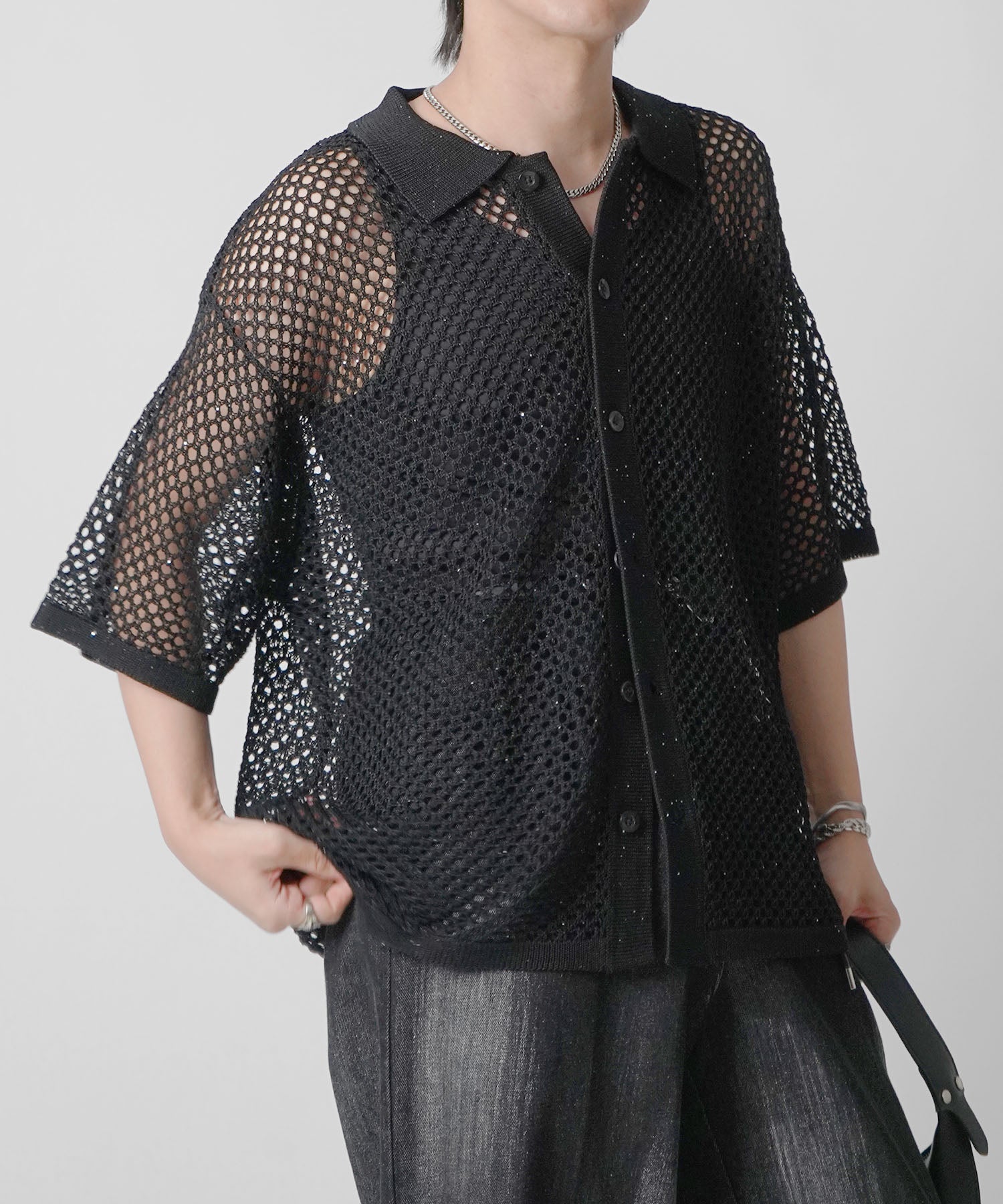 25SS スパンコール メッシュニットシャツ
