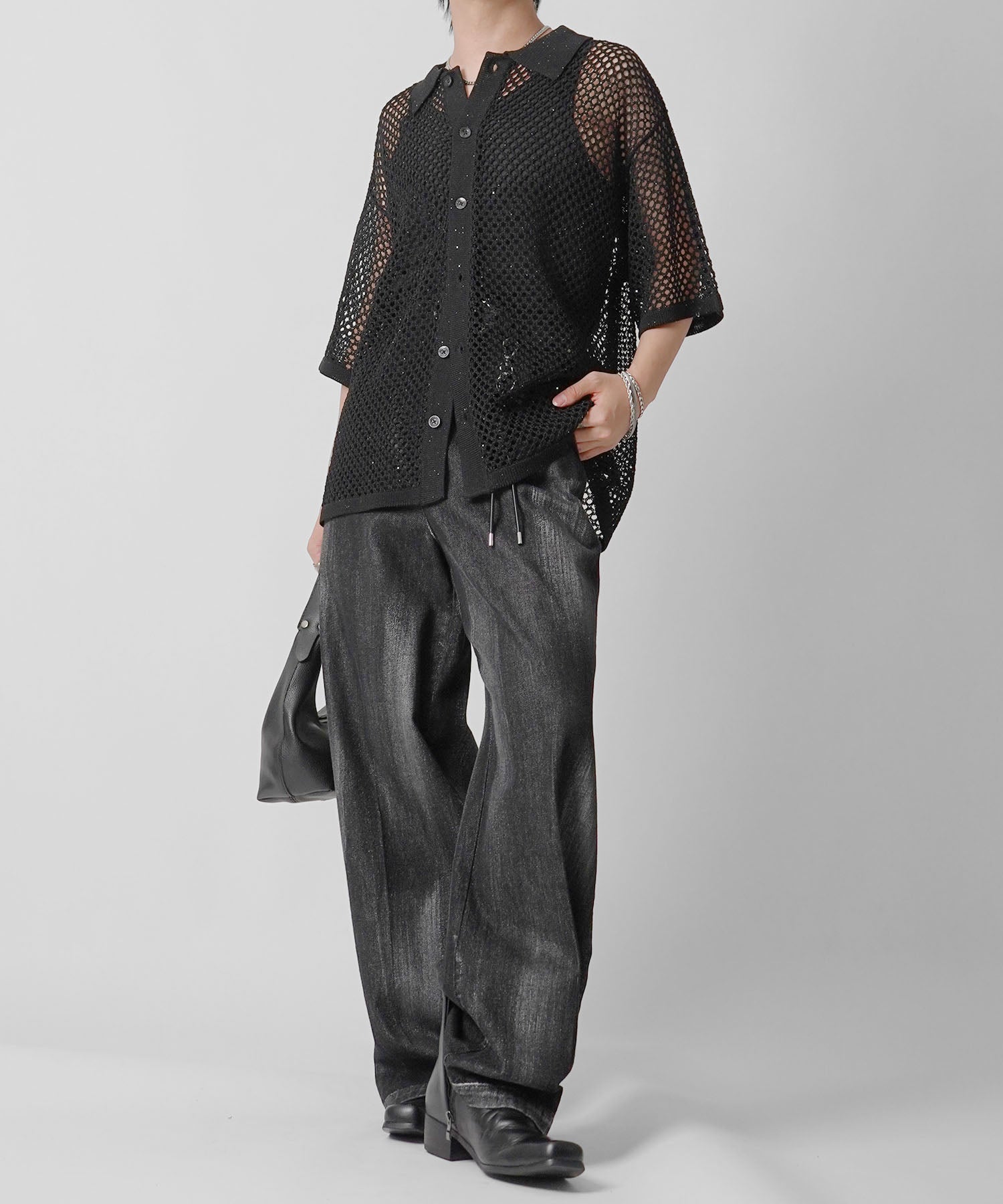 25SS スパンコール メッシュニットシャツ