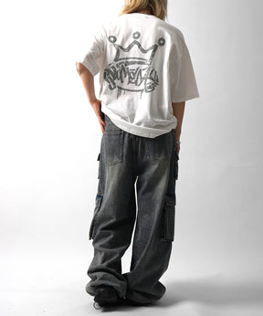 25SS クラウン ボックスシルエット グランジ風 レトロモチーフ バックプリント 半袖Tシャツ