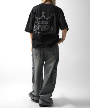 25SS クラウン ボックスシルエット グランジ風 レトロモチーフ バックプリント 半袖Tシャツ