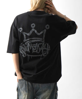 25SS クラウン ボックスシルエット グランジ風 レトロモチーフ バックプリント 半袖Tシャツ