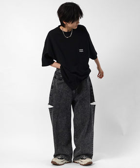 25SS【96thes】サイドカットオフ ワイドルーズデニムパンツ