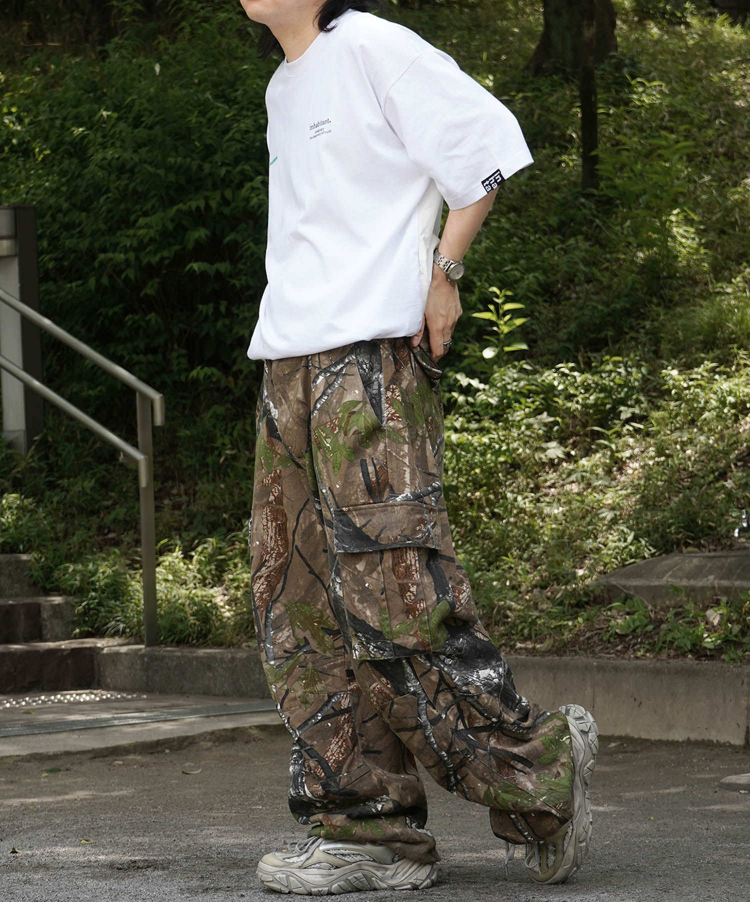 25SS【INHABITANT】ビッグシルエット フロントプリント 切替 半袖ドロストTシャツ