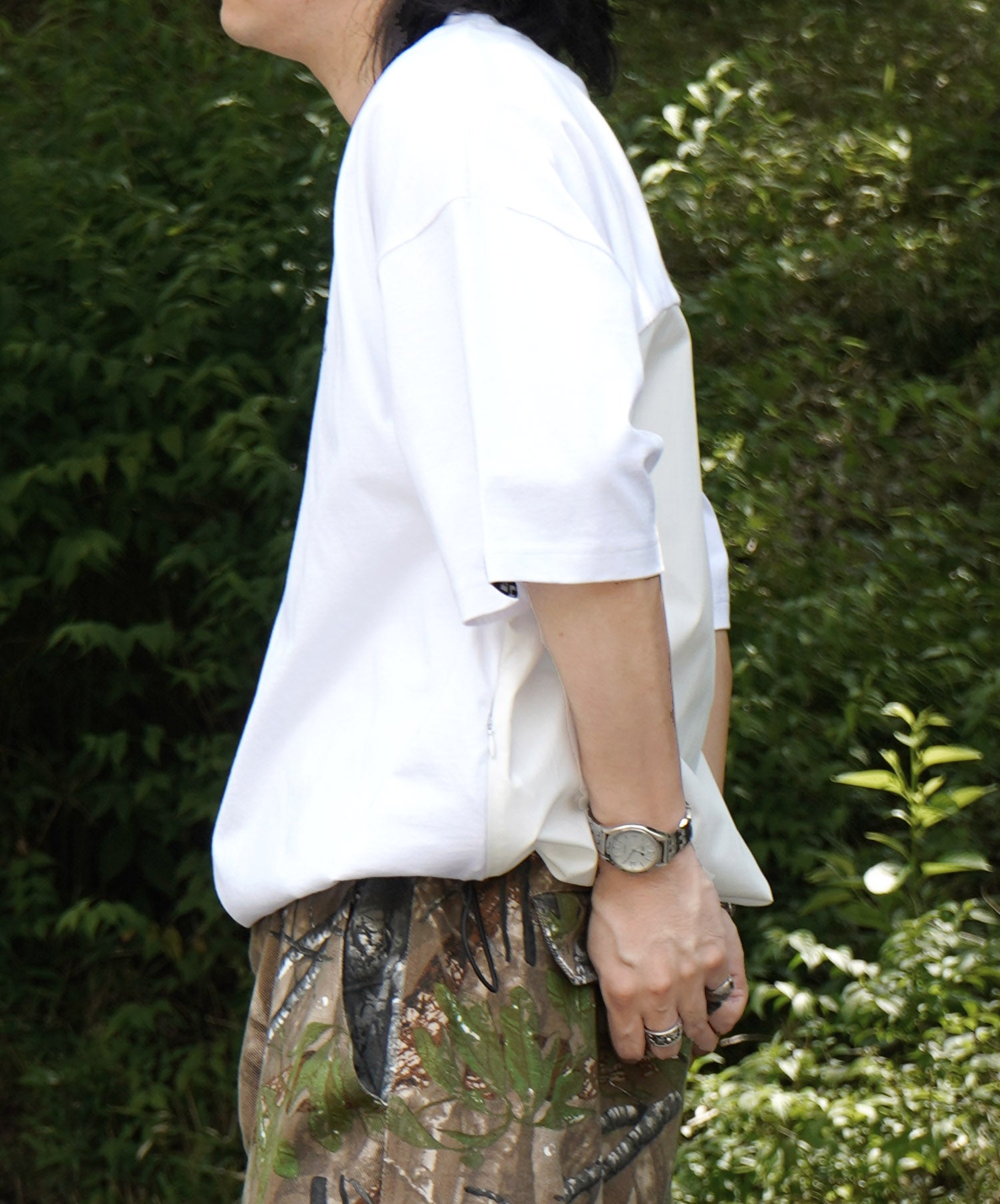 25SS【INHABITANT】ビッグシルエット フロントプリント 切替 半袖ドロストTシャツ