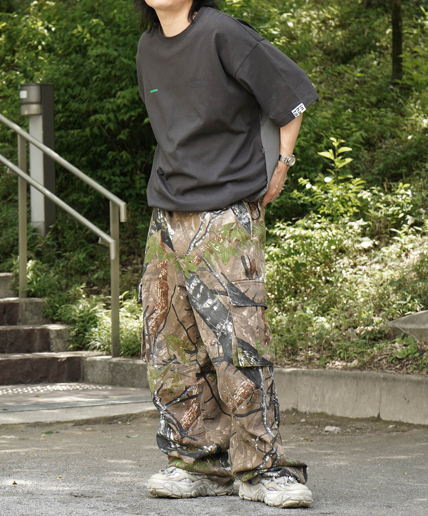 25SS【INHABITANT】ビッグシルエット フロントプリント 切替 半袖ドロストTシャツ