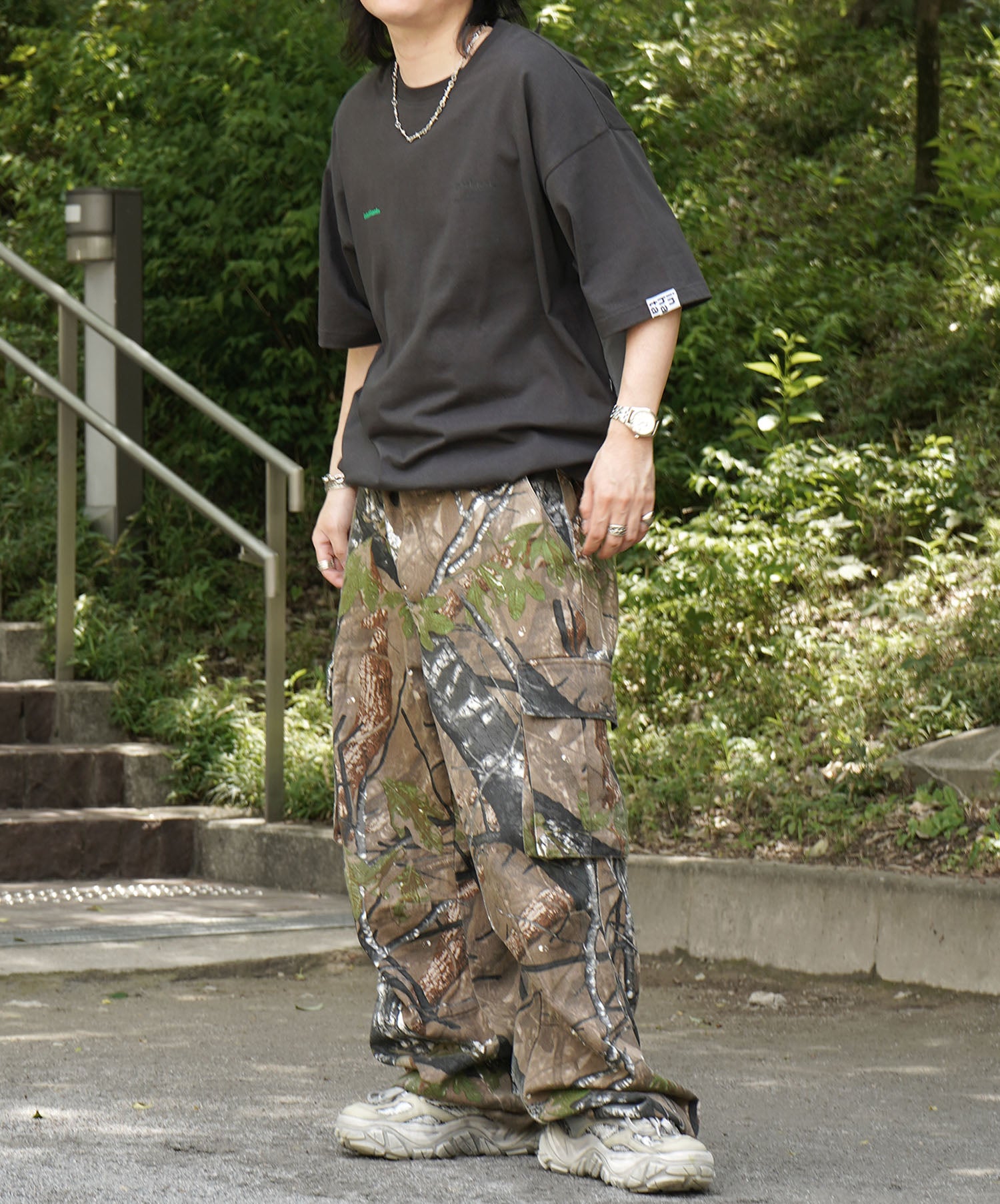 25SS【INHABITANT】ビッグシルエット フロントプリント 切替 半袖ドロストTシャツ