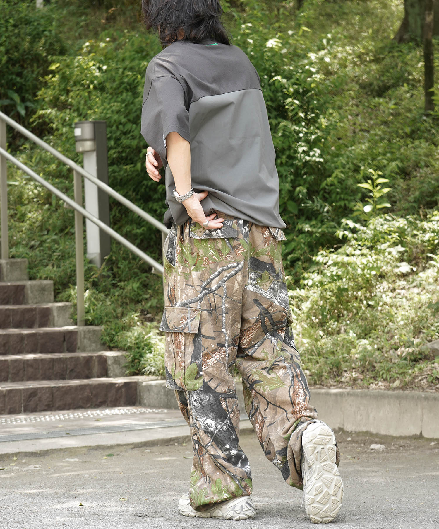 25SS【INHABITANT】ビッグシルエット フロントプリント 切替 半袖ドロストTシャツ