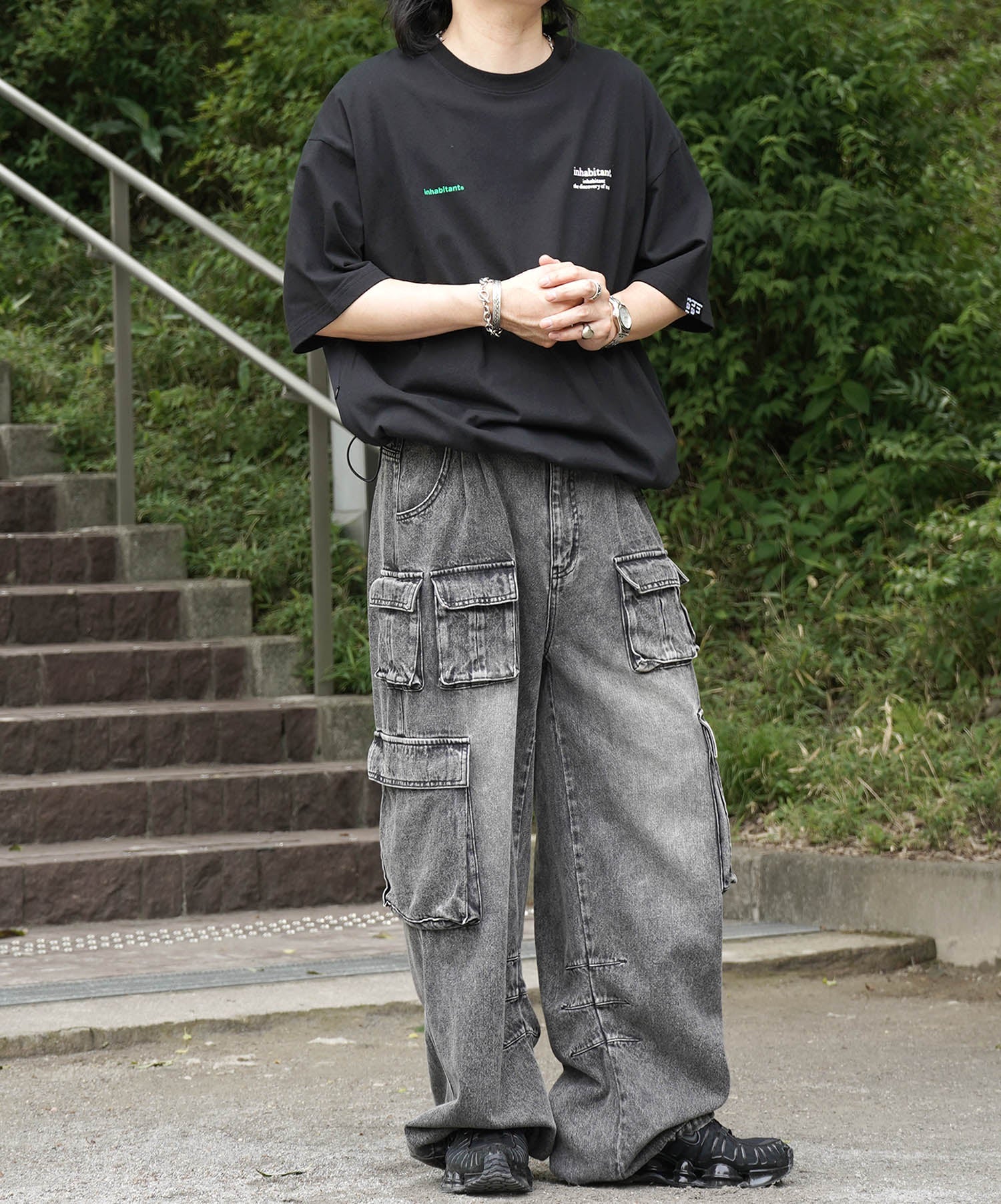25SS【INHABITANT】ビッグシルエット フロントプリント 切替 半袖ドロストTシャツ