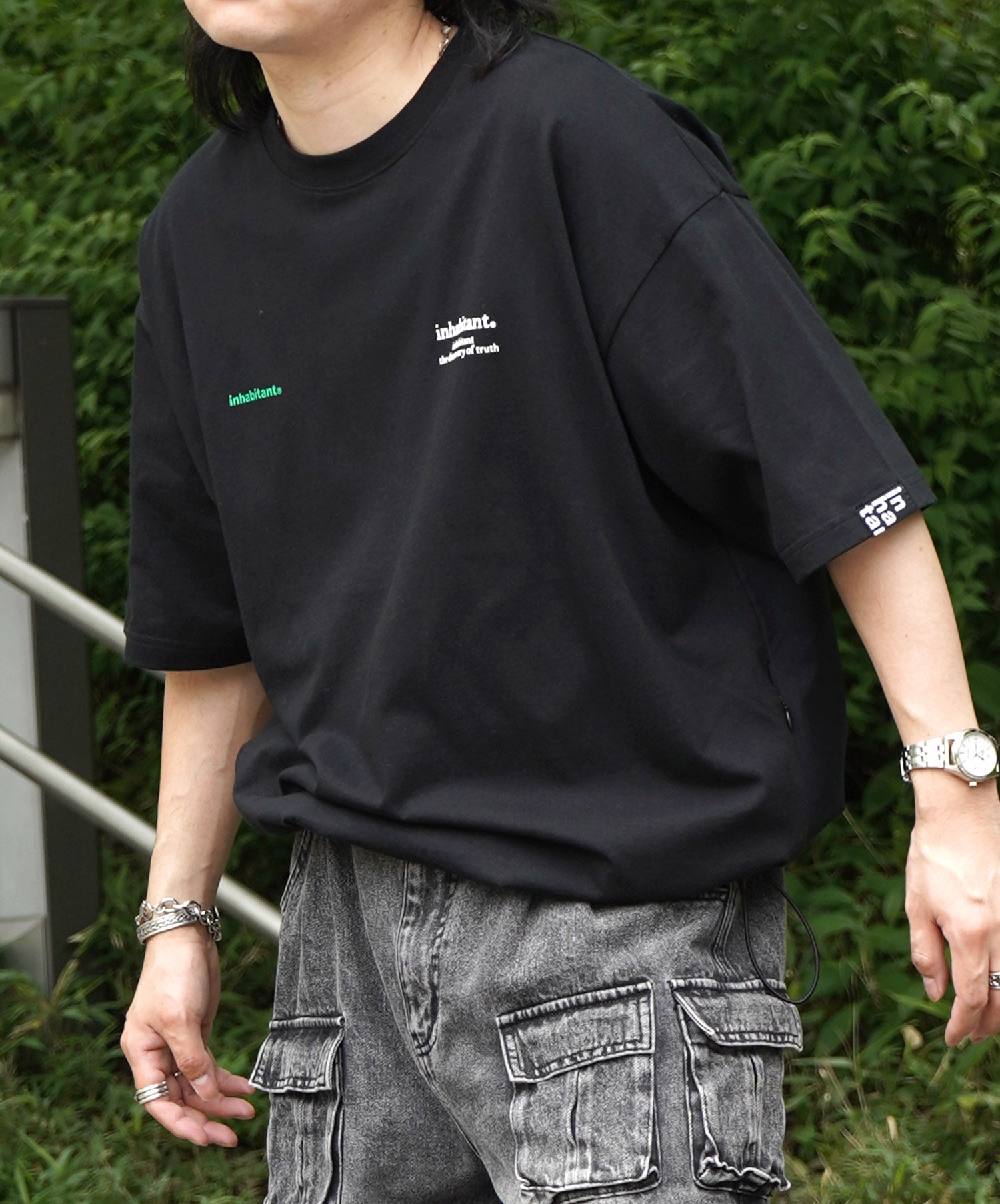25SS【INHABITANT】ビッグシルエット フロントプリント 切替 半袖ドロストTシャツ