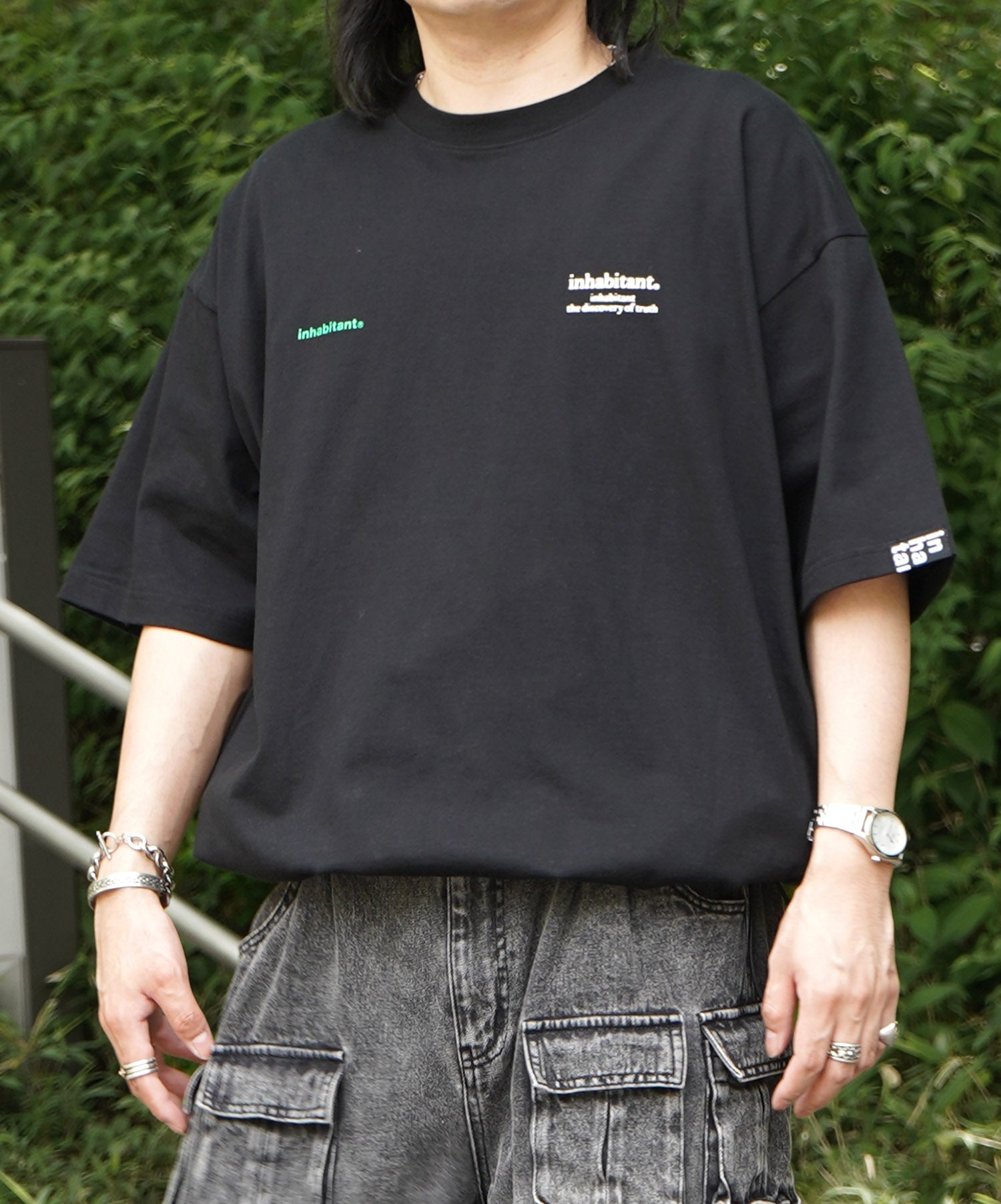 25SS【INHABITANT】ビッグシルエット フロントプリント 切替 半袖ドロストTシャツ