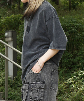 25SS ハードウォッシュ加工 ワンポイント刺繍  ボックスシルエット 半袖Tシャツ