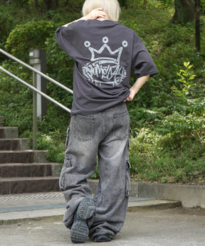 25SS クラウン ボックスシルエット グランジ風 レトロモチーフ バックプリント 半袖Tシャツ