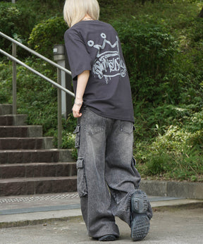 25SS クラウン ボックスシルエット グランジ風 レトロモチーフ バックプリント 半袖Tシャツ