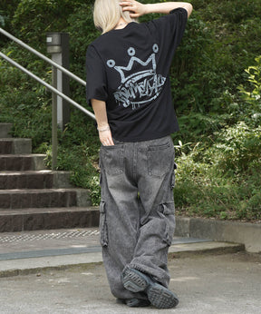 25SS クラウン ボックスシルエット グランジ風 レトロモチーフ バックプリント 半袖Tシャツ