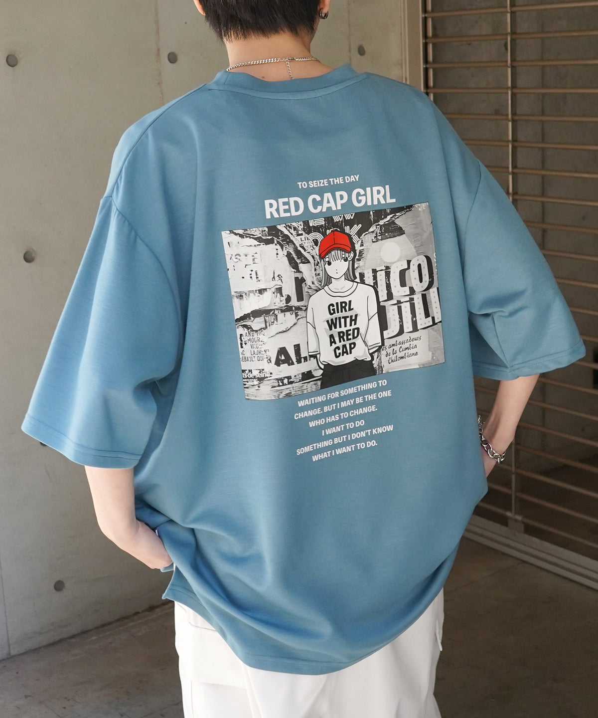 【RED CAP GIRL】 バックイラスト / バック転写 ワンポイント刺繍 ドレープとろみ ポンチ ビッグシルエットプリントTシャツ