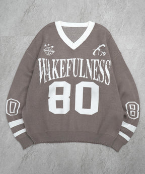 Y2K ロゴ ダメージ加工 Vネック ニット プルオーバー