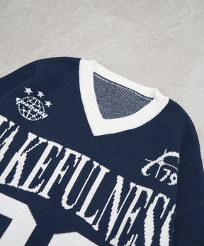 Y2K ロゴ ダメージ加工 Vネック ニット プルオーバー