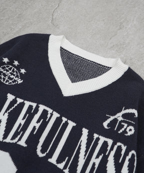 Y2K ロゴ ダメージ加工 Vネック ニット プルオーバー