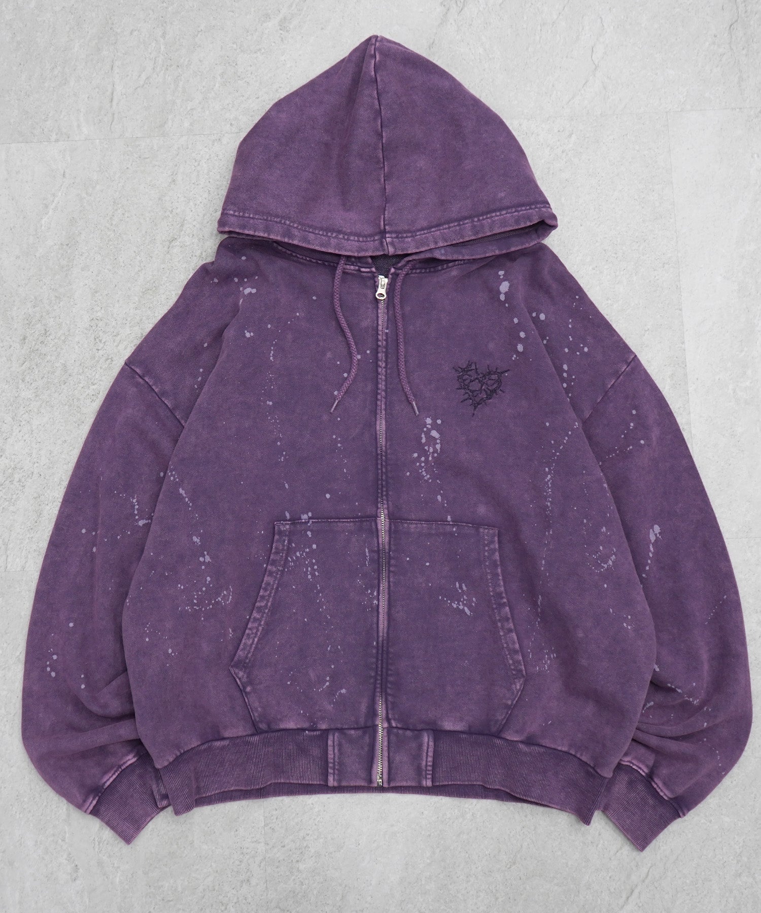 トライバルハート刺繍 フルジップパーカー グランジ加工×スプラッシュ加工 フーディ