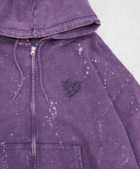 トライバルハート刺繍 フルジップパーカー グランジ加工×スプラッシュ加工 フーディ