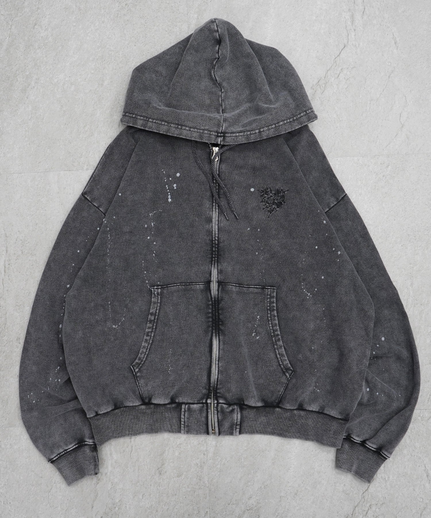 トライバルハート刺繍 フルジップパーカー グランジ加工×スプラッシュ加工 フーディ