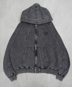 トライバルハート刺繍 フルジップパーカー グランジ加工×スプラッシュ加工 フーディ