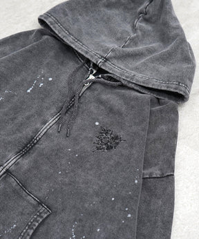 トライバルハート刺繍 フルジップパーカー グランジ加工×スプラッシュ加工 フーディ