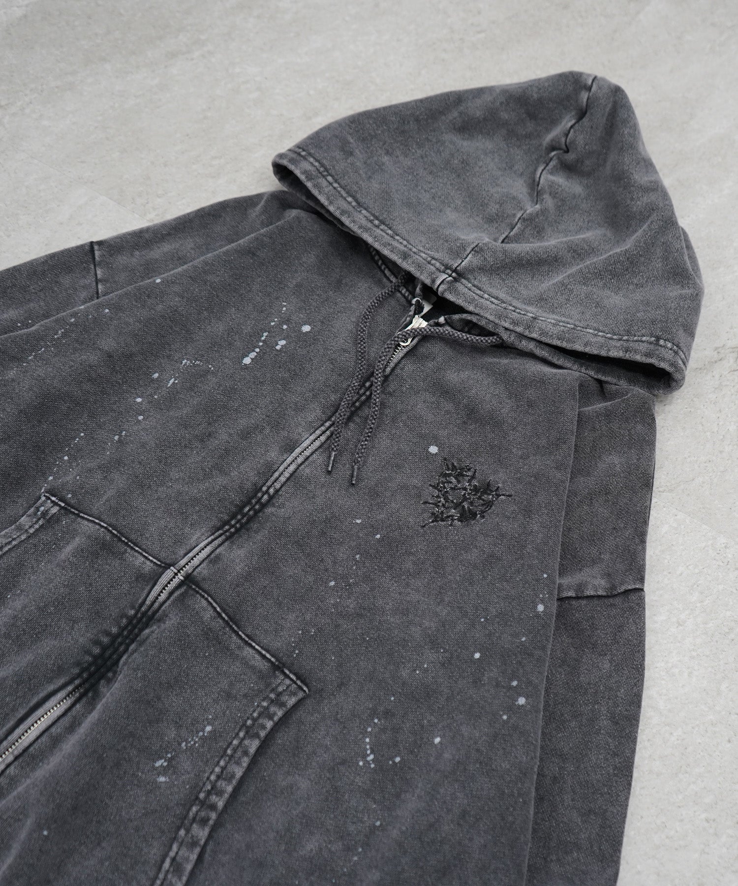 トライバルハート刺繍 フルジップパーカー グランジ加工×スプラッシュ加工 フーディ