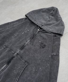 トライバルハート刺繍 フルジップパーカー グランジ加工×スプラッシュ加工 フーディ