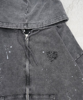 トライバルハート刺繍 フルジップパーカー グランジ加工×スプラッシュ加工 フーディ