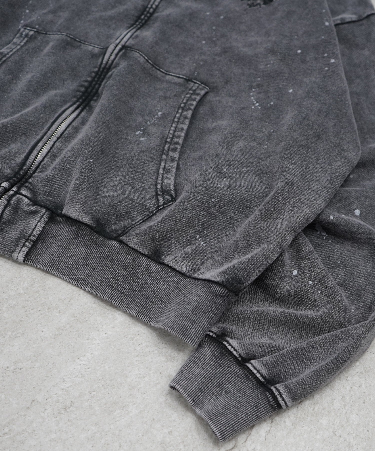 トライバルハート刺繍 フルジップパーカー グランジ加工×スプラッシュ加工 フーディ