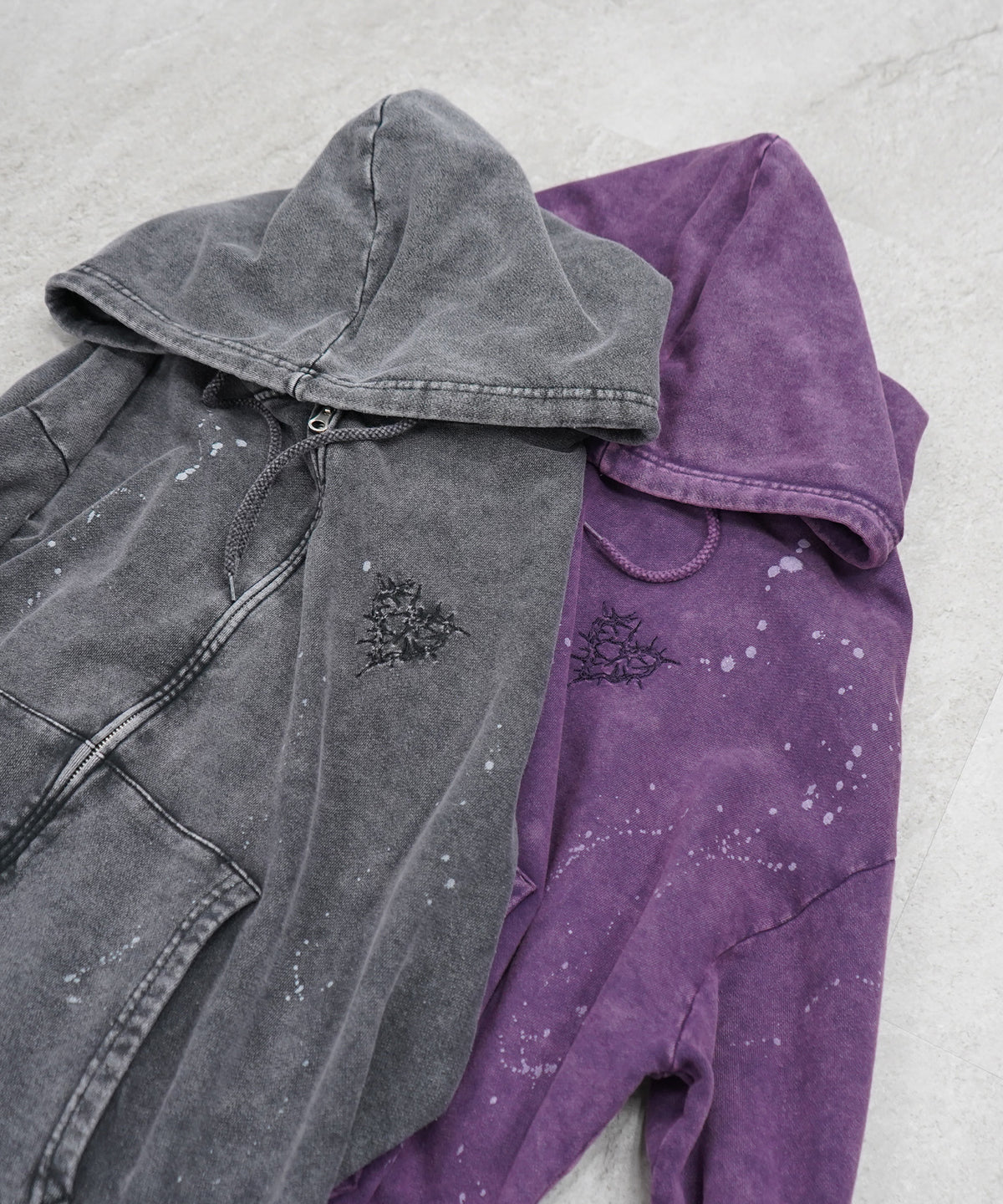 トライバルハート刺繍 フルジップパーカー グランジ加工×スプラッシュ加工 フーディ