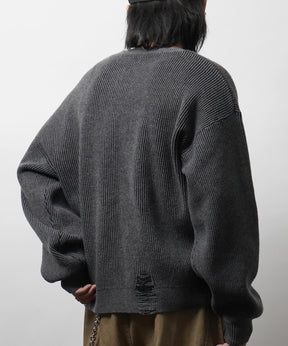 ダメージ加工 フロント Y2K ロゴ刺繍 クルーニット