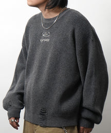 ダメージ加工 フロント Y2K ロゴ刺繍 クルーニット