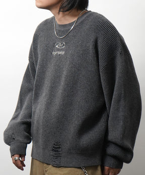 ダメージ加工 フロント Y2K ロゴ刺繍 クルーニット