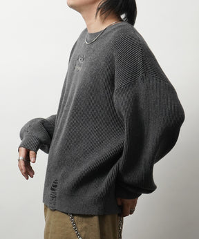 ダメージ加工 フロント Y2K ロゴ刺繍 クルーニット