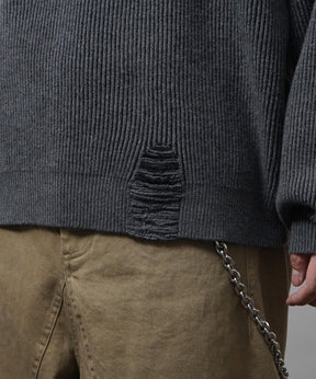 ダメージ加工 フロント Y2K ロゴ刺繍 クルーニット