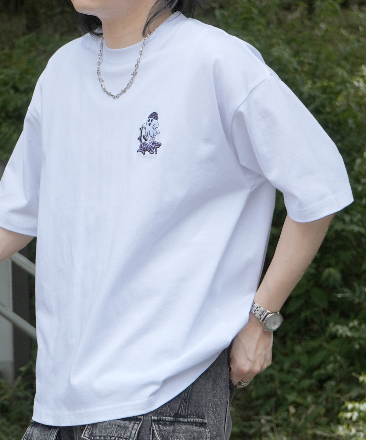 25SS ゴーストワンポイント刺繍 ボックスシルエット 半袖Tシャツ