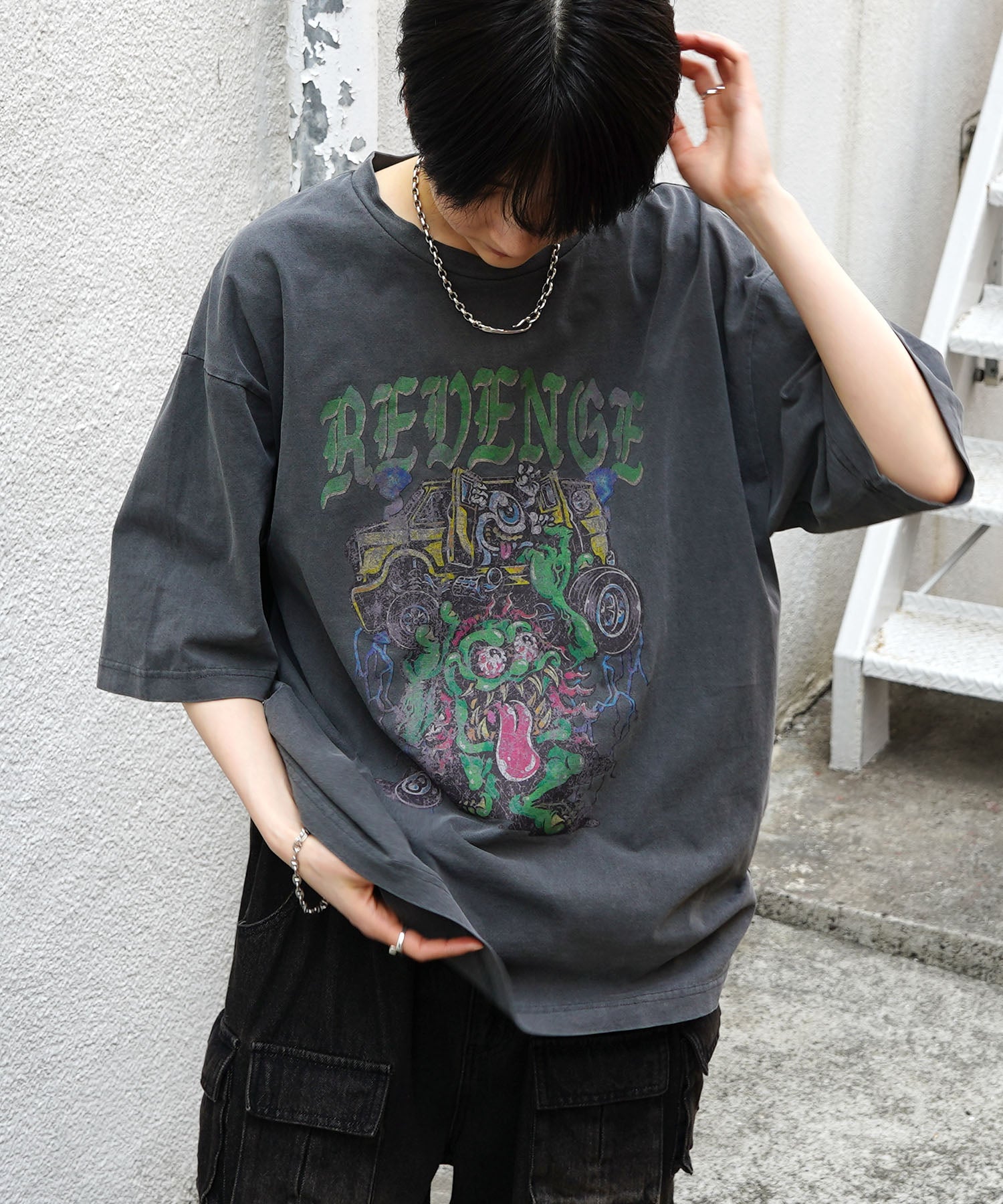 25SS モンスター ヴィンテージライク ピグメント加工 アメカジ風 レトロプリント ロックTシャツ