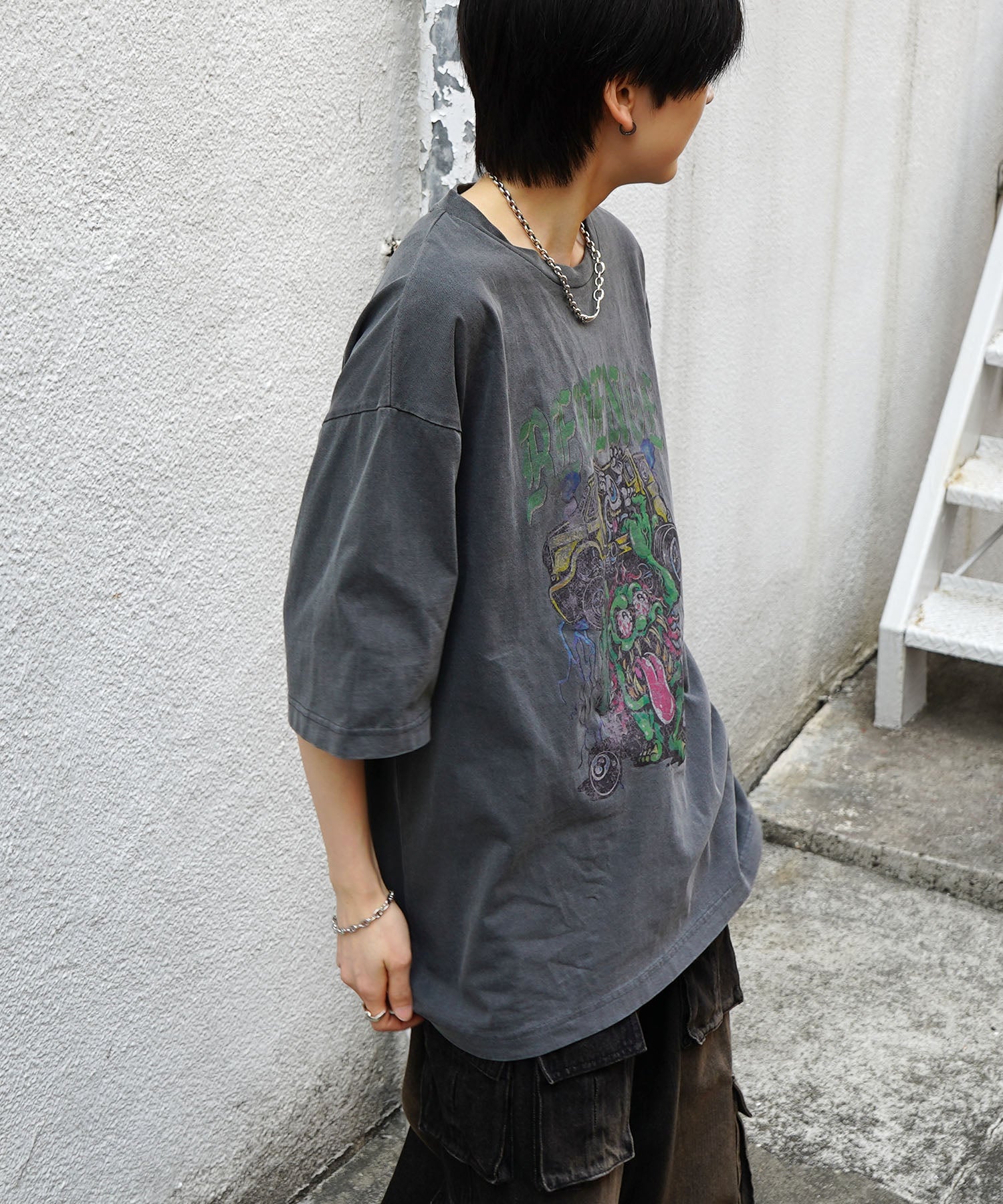 25SS モンスター ヴィンテージライク ピグメント加工 アメカジ風 レトロプリント ロックTシャツ