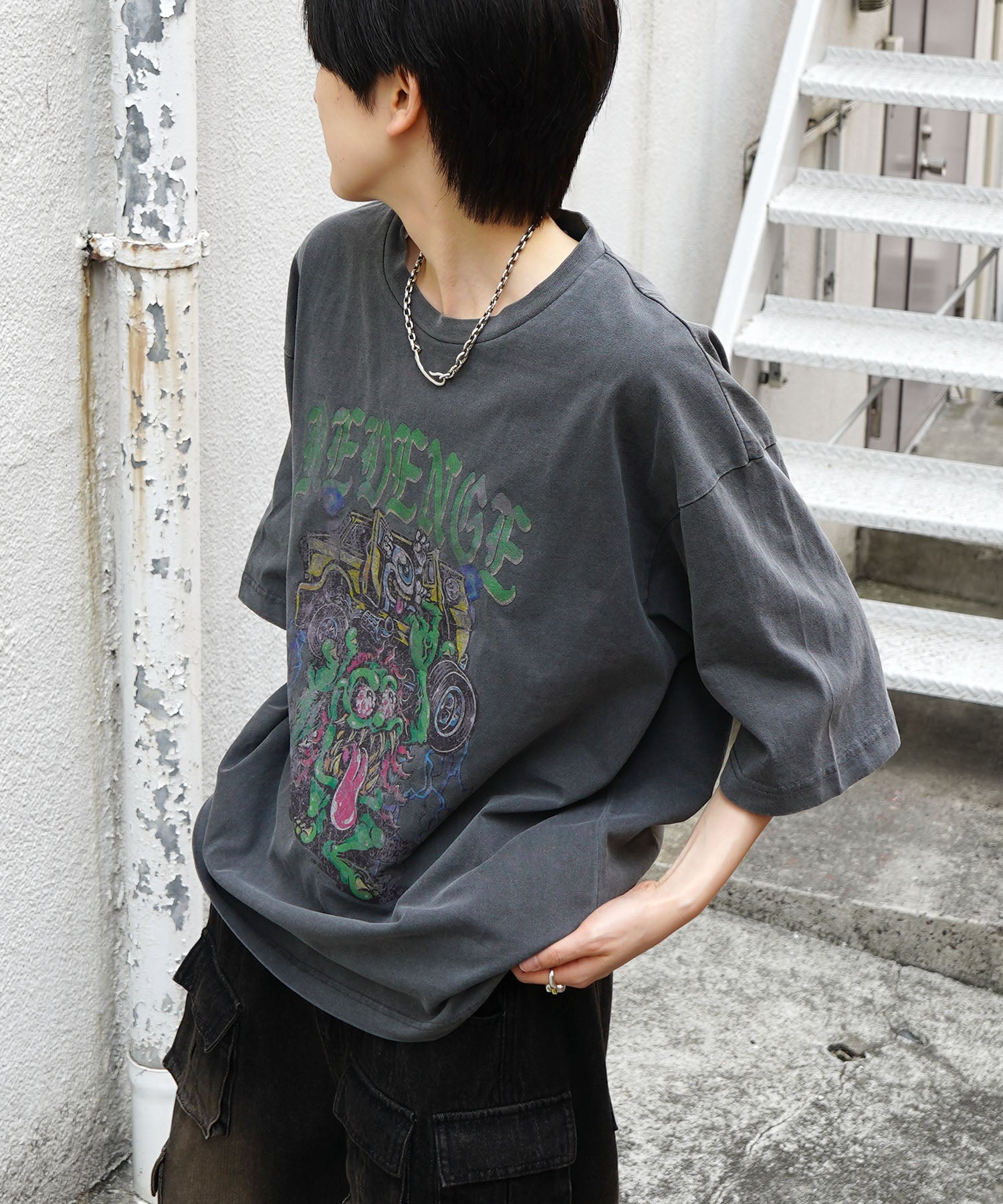 25SS モンスター ヴィンテージライク ピグメント加工 アメカジ風 レトロプリント ロックTシャツ