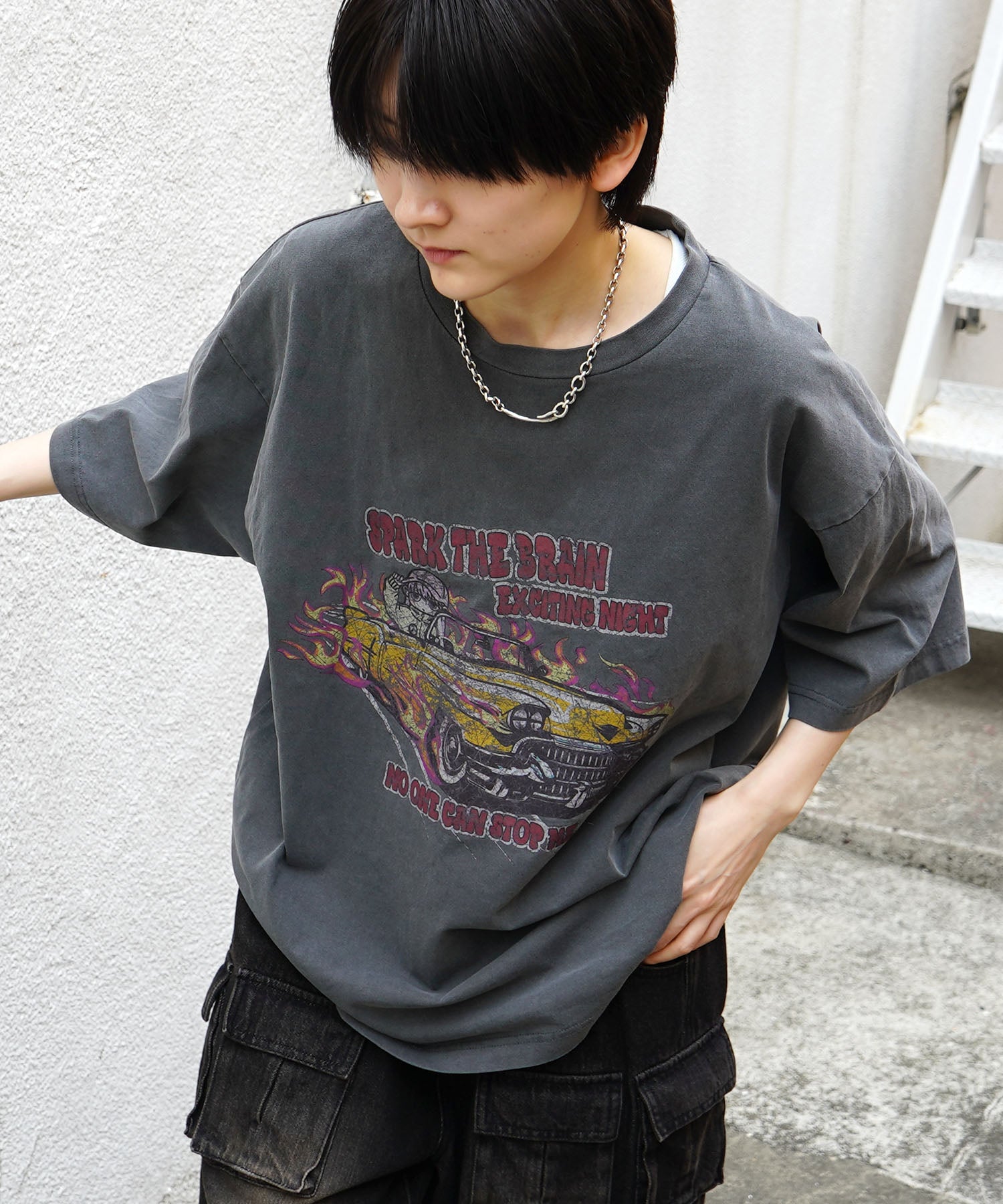 25SS レースガール ヴィンテージライク ピグメント加工 アメカジ風 レトロプリント ロックTシャツ